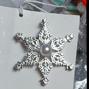 Sparkling Silver Snowflake Brooch w/ Pearl Center